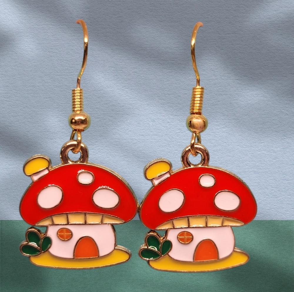 Charming Red and Gold Mushroom Earrings